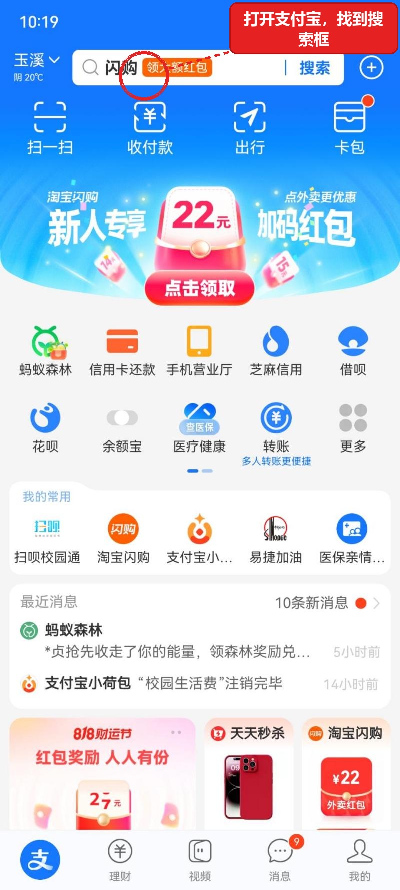 打开支付宝找到搜索框